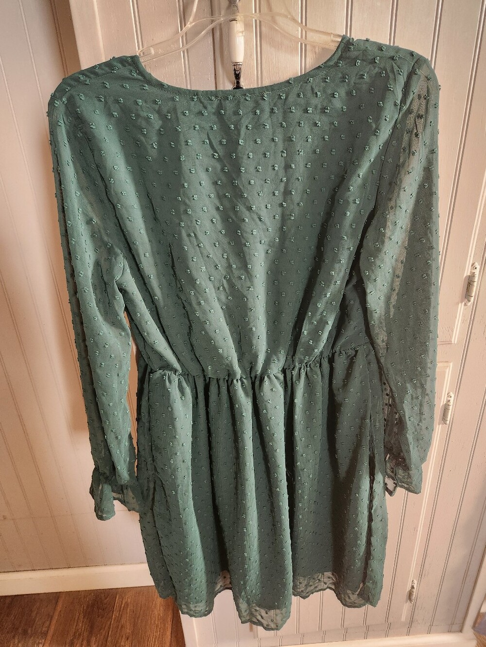 Swiss Dot V-Neck Peasant Dress - Teal Green - Picture 2 of 3